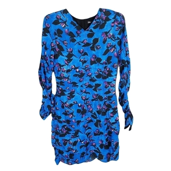ZARA ruched long sleeve mini dress floral NWT - Picture 1 of 7